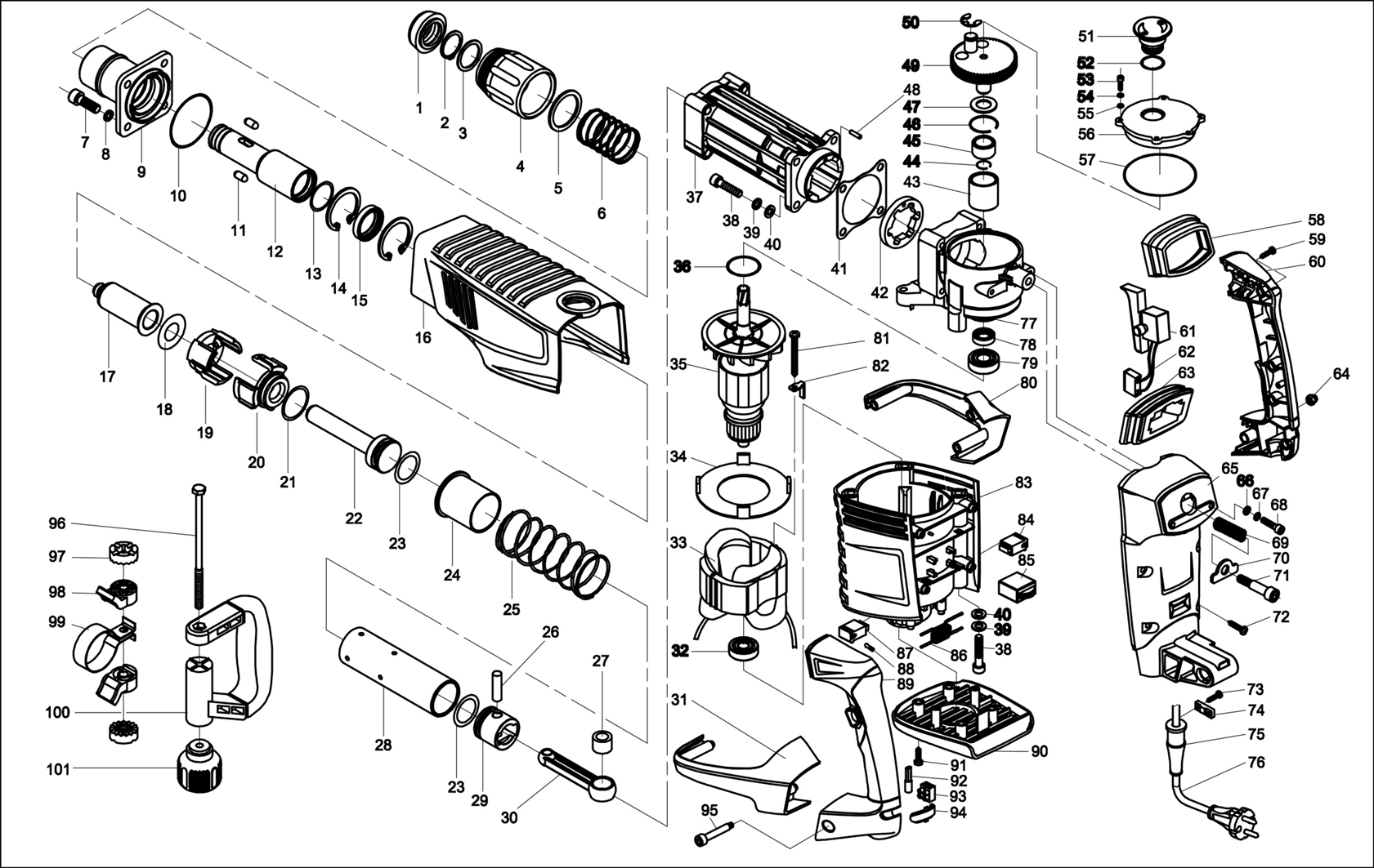 ЗУБР 25 Дж, 1500 Вт, АВТ, отбойный молоток SDS-Max, Профессионал (ЗММ-25-1500 ЭВК) - разборная схема